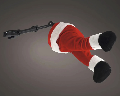 Dekoratívne nohy Santa Clausa s mechanickým ramenom, červené nohavice, biela umelá kožušina a čierne topánky.