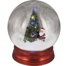 Snežná guľa s postavou Santa Clausa, zdobeným vianočným stromčekom, rebríkom a LED osvetlením na červenom podstavci.