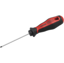 Plochý skrutkovač Pattfield s ergonomickou rukoväťou a oceľovým driekom.
