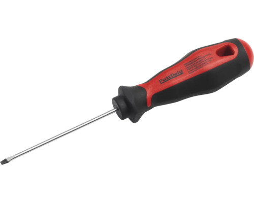 Plochý skrutkovač Pattfield s ergonomickou rukoväťou a oceľovým driekom.