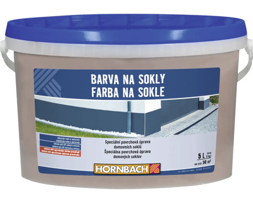 Hornbach farba na sokle v 5 litrovom vedre na približne 30 metrov štvorcových, špeciálna povrchová úprava odpudzujúca vodu a nečistoty.
