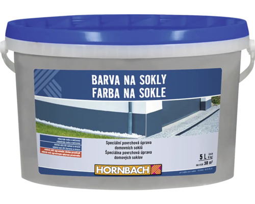 Hornbach farba na sokle na domové sokle vo vedre s objemom 5 litrov na circa 30 metrov štvorcových s Hornbach Logo.