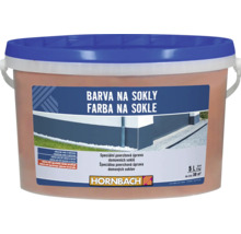 Hornbach farba na sokle 5 litrov, špeciálna povrchová úprava pre domové sokle, odpudzuje vodu, odolná voči UV žiareniu a mrazu, Hornbach Logo.