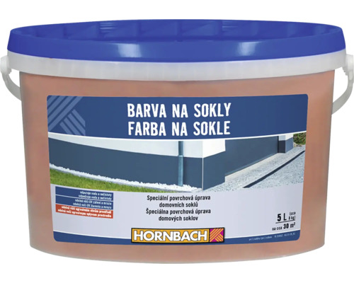 Hornbach farba na sokle 5 litrov, špeciálna povrchová úprava pre domové sokle, odpudzuje vodu, odolná voči UV žiareniu a mrazu, Hornbach Logo.