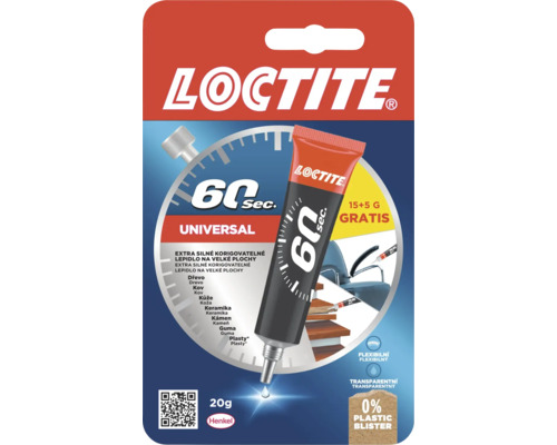 Univerzálne lepidlo Loctite 60 sekúnd, 20 gramov, extra silné, korigovateľné, flexibilné a transparentné, na drevo, kov a plasty.