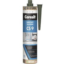 Sanitárny silikón Ceresit CS 9 v kartuši s tryskou, Ceresit Logo, Henkel Logo, recyklovateľné, odolný voči vode a plesniam.