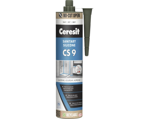 Sanitárny silikón Ceresit CS 9 v kartuši s tryskou, Ceresit Logo, Henkel Logo, recyklovateľné, odolný voči vode a plesniam.