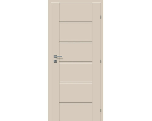 Moderné interiérové dvere s piatimi vodorovnými panelmi, kľučkou a pántmi.