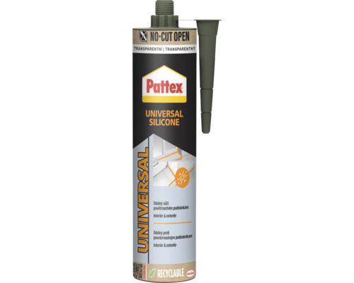 Pattex univerzálny silikón transparentný, kartuša pre interiér a exteriér s tryskou.