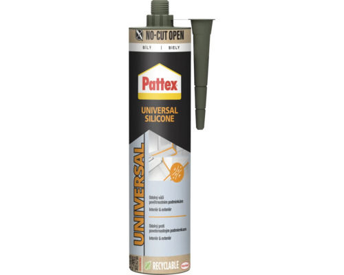 Pattex univerzálny silikón biely v kartuši s tryskou pre vnútorné a vonkajšie použitie, odolný voči poveternostným podmienkam.