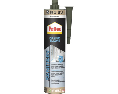 Pattex Premium Silikón Sanitárny Manhattan, odolný voči plesniam a UV žiareniu, pre kúpeľne a kuchyne, kartuša s tryskou, Henkel Logo.