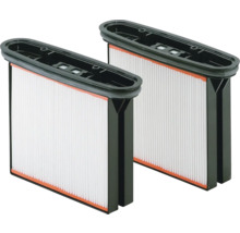 Dva obdĺžnikové lamelové filtre s čiernym plastovým rámom a bielym filtračným materiálom pre vysávače alebo ventilačné systémy.