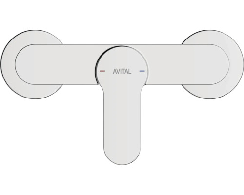 Páková batéria AVITAL pre sprchu alebo vaňu s okrúhlymi nástennými krytkami a označením pre teplú a studenú vodu. AVITAL Logo.