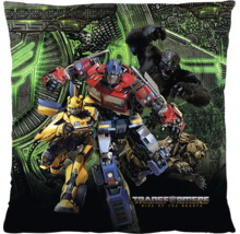 Dekoračný vankúš s motívom Transformers Rise of the Beasts, zobrazujúci postavy Optimus Prime, Bumblebee, Optimus Primal a Cheetor.