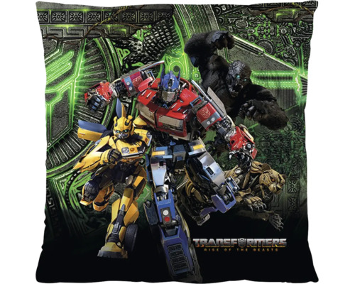 Dekoračný vankúš s motívom Transformers Rise of the Beasts, zobrazujúci postavy Optimus Prime, Bumblebee, Optimus Primal a Cheetor.