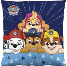 Štvorcový dekoračný vankúš s Paw Patrol Logo a postavami Skye, Marshall, Chase a Rubble.