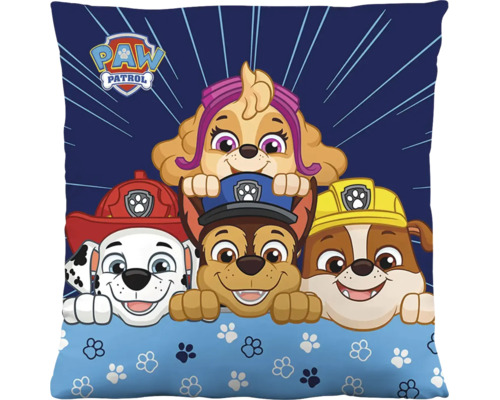 Štvorcový dekoračný vankúš s Paw Patrol Logo a postavami Skye, Marshall, Chase a Rubble.