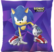 Štvorcový dekoratívny vankúš Sonic Prime s motívom Sonika v akčnej póze a Sonic Prime Logo.