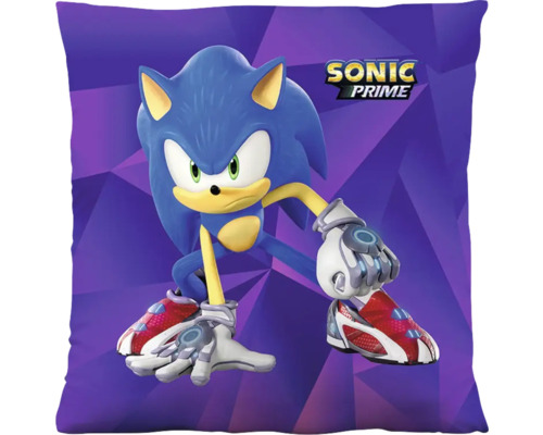 Štvorcový dekoratívny vankúš Sonic Prime s motívom Sonika v akčnej póze a Sonic Prime Logo.