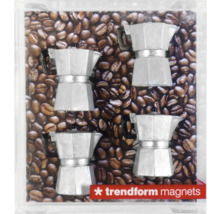 Sada magnetiek Trendform so štyrmi malými striebornými moka konvičkami, Trendform Logo.