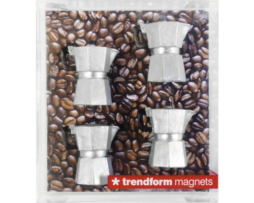 Sada magnetiek Trendform so štyrmi malými striebornými moka konvičkami, Trendform Logo.