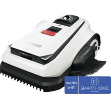 Biela robotická kosačka so senzormi, červeným tlačidlom stop a funkciou zastrihávania okrajov. Kompatibilná so SMART HOME by hornbach.