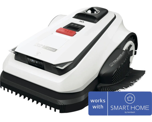 Biela robotická kosačka so senzormi, červeným tlačidlom stop a funkciou zastrihávania okrajov. Kompatibilná so SMART HOME by hornbach.