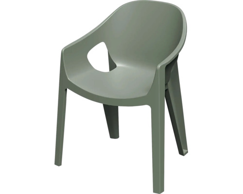Moderná záhradná stolička z plastu s opierkami a ergonomicky tvarovanou sedacou časťou.