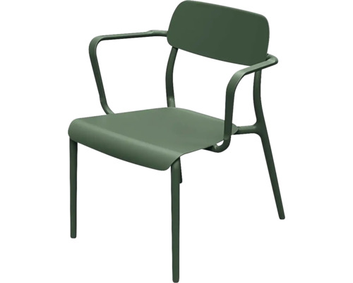 Záhradná stolička s opierkami z kovu v tmavo zelenej farbe.
