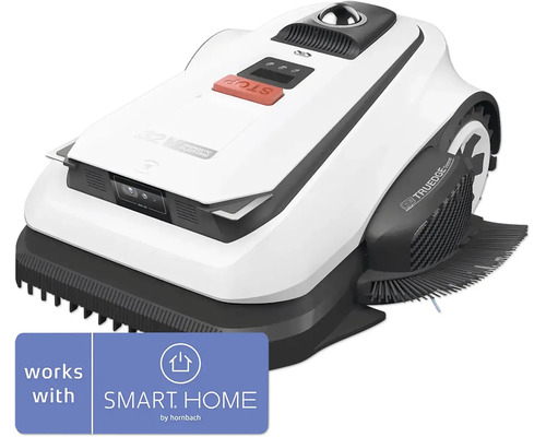 Robotická kosačka v bielej a sivej farbe so senzormi, tlačidlom stop a SMART HOME by hornbach Logo.