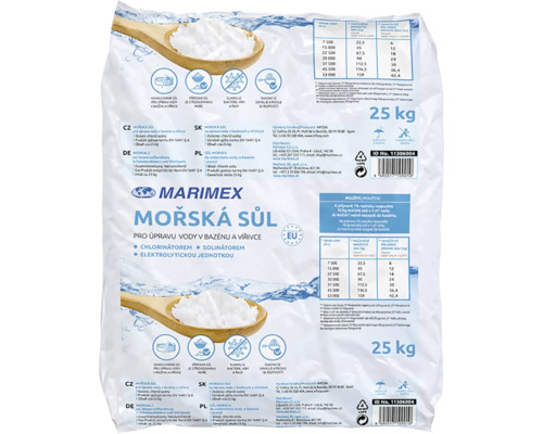Marimex morská soľ na úpravu vody v bazénoch a vírivkách, balenie 25 kilogramov.