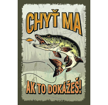 Vintage plechova cedula s motivom stuky a napisom Chyt ma ak to dokazes.