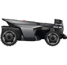 Robotická kosačka Segway Navimow pri pohľade zboku s terénnymi kolesami a moderným dizajnom.