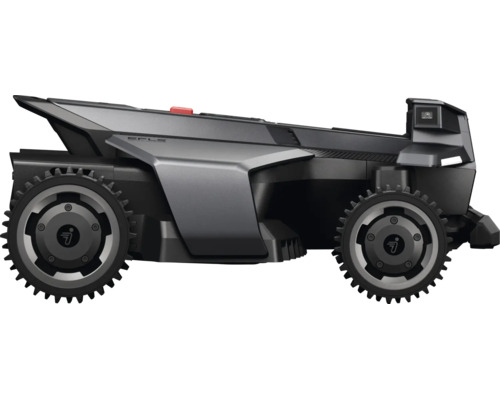 Robotická kosačka Segway Navimow pri pohľade zboku s terénnymi kolesami a moderným dizajnom.