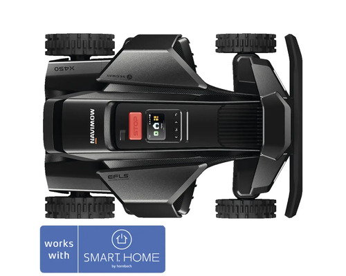 Robotická kosačka Segway Navimow pohľad zhora s ovládacím panelom, tlačidlom stop a profilovanými kolesami, kompatibilná so Smart Home by hornbach.