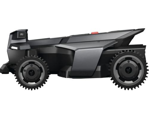 Robotická kosačka Segway Navimow v čiernej a sivej farbe s profilovými kolesami, bočný pohľad.