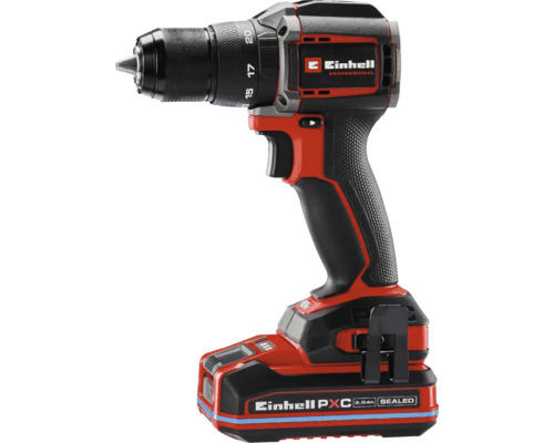 Červený a čierny akumulátorový vŕtací skrutkovač Einhell Professional s bezuhlíkovým motorom a akumulátorom Power X-Change.