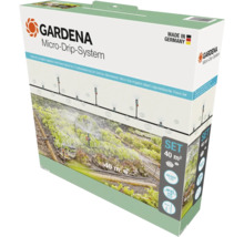 Súprava kvapkovej závlahy Gardena Micro-Drip-System pre zeleninové a kvetinové záhony do 40 metrov štvorcových, vyrobené v Nemecku. Gardena Logo.
