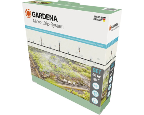 Súprava kvapkovej závlahy Gardena Micro-Drip-System pre zeleninové a kvetinové záhony do 40 metrov štvorcových, vyrobené v Nemecku. Gardena Logo.