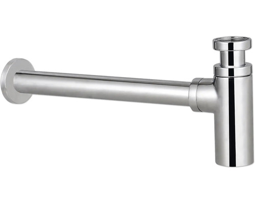 Chrómovaný fľašový sifón z kovu pre umývadlá s vodorovnou odpadovou rúrou a nástennou rozetou.