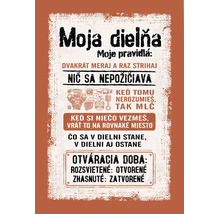 Dekoratívna plechová tabuľa s pravidlami dielne v slovenskom jazyku, vintage štýl.