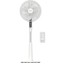 Biely stojanový ventilátor Rohnson DualBreeze s dvojitými lopatkami, digitálnym displejom a diaľkovým ovládaním.