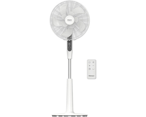 Biely stojanový ventilátor Rohnson DualBreeze s dvojitými lopatkami, digitálnym displejom a diaľkovým ovládaním.