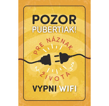 Plechová tabuľa s nápisom Pozor Pubertiak a ilustráciou odpojenej zástrčky na tému wifi.