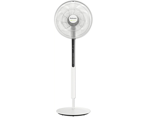 Stojanový ventilátor Rohnson s digitálnym displejom, bielym telom a okrúhlou základňou.