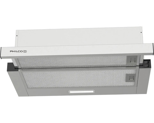 Výsuvný digestor Philco z nehrdzavejúcej ocele s kovovými tukovými filtrami, výsuvným panelom a Philco Logo.