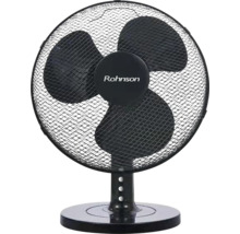 Čierny stolný ventilátor Rohnson s tromi lopatkami, ochrannou mriežkou a okrúhlou základňou.