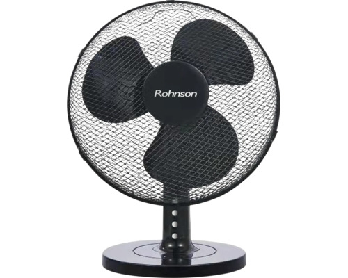 Čierny stolný ventilátor Rohnson s tromi lopatkami, ochrannou mriežkou a okrúhlou základňou.