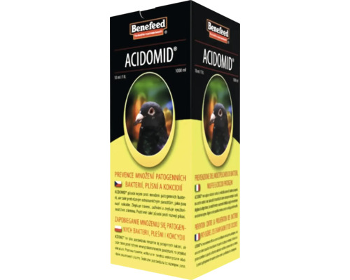Benefeed Acidomid, 1000 mililitrov, doplnkové krmivo pre holuby na prevenciu patogénnych baktérií a plesní.