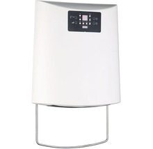 Nástenný kúpeľňový teplovzdušný ventilátor v bielej farbe s držiakom na uteráky a digitálnym displejom na reguláciu teploty.